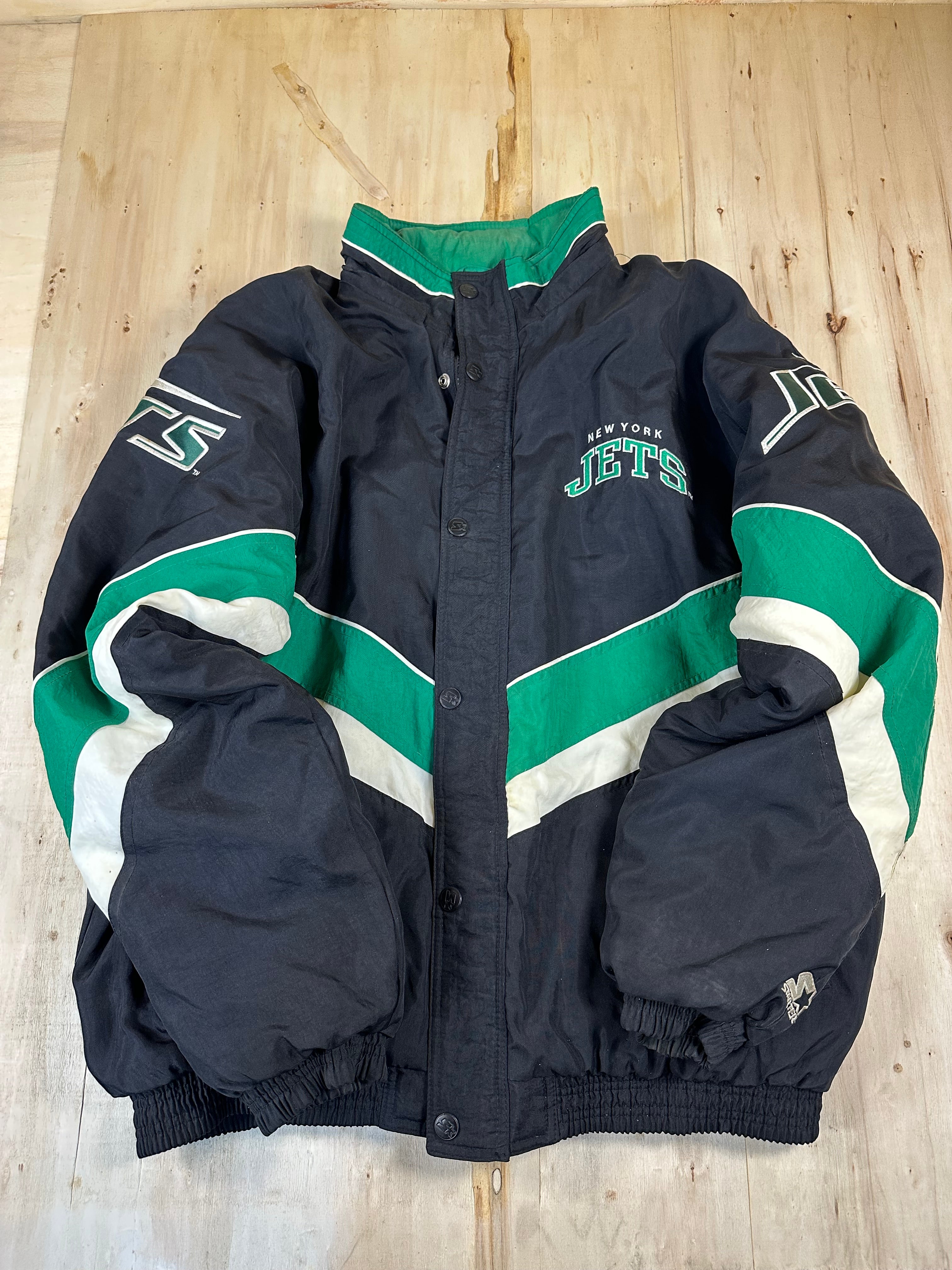 Vintage 90s Starter New York Jets Full Zip Puffer Jacket XL NFL Pro Line Black