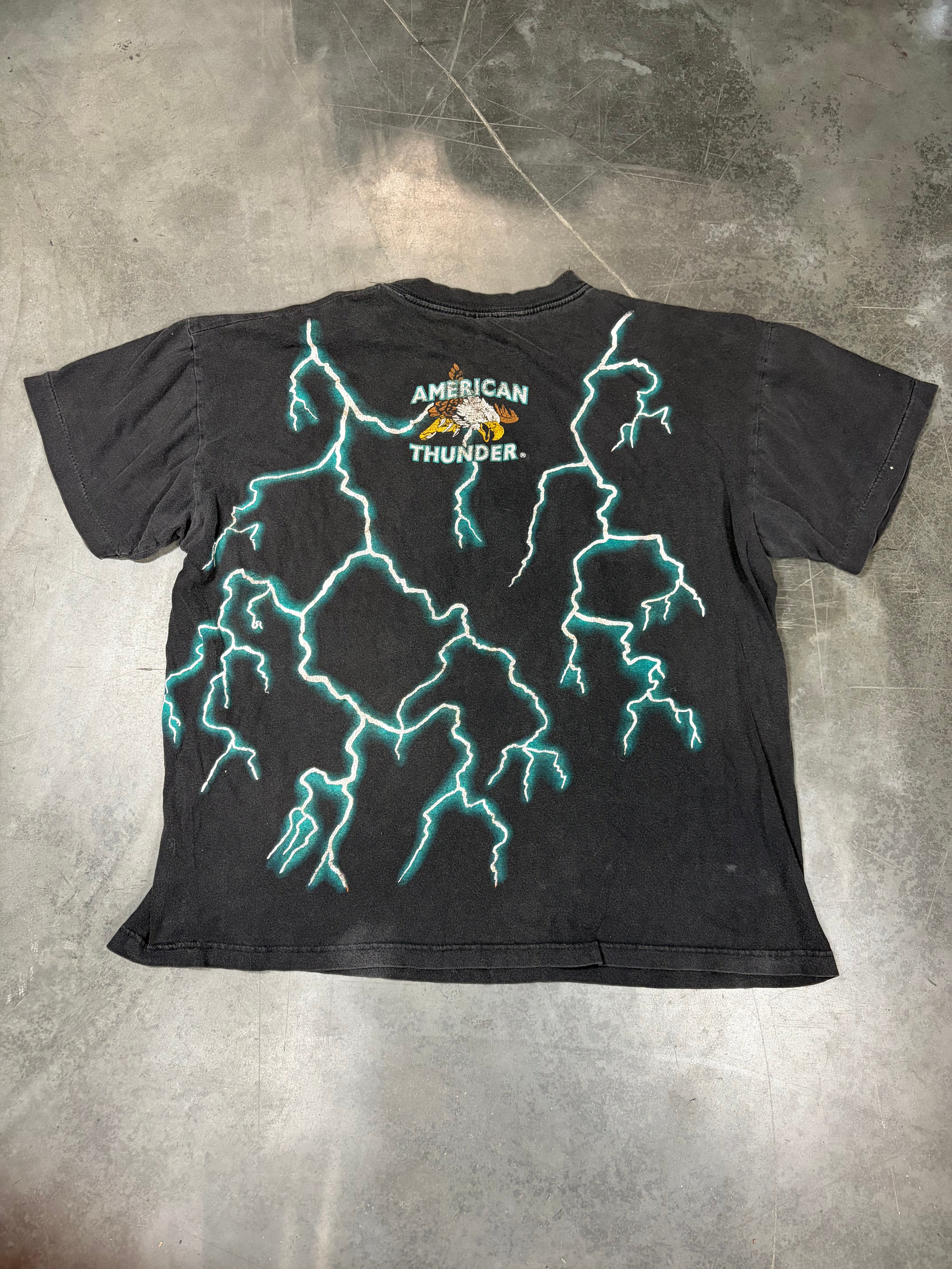 American Thunder Dragon Lighting Black Vintage Biker Shirt 1990s