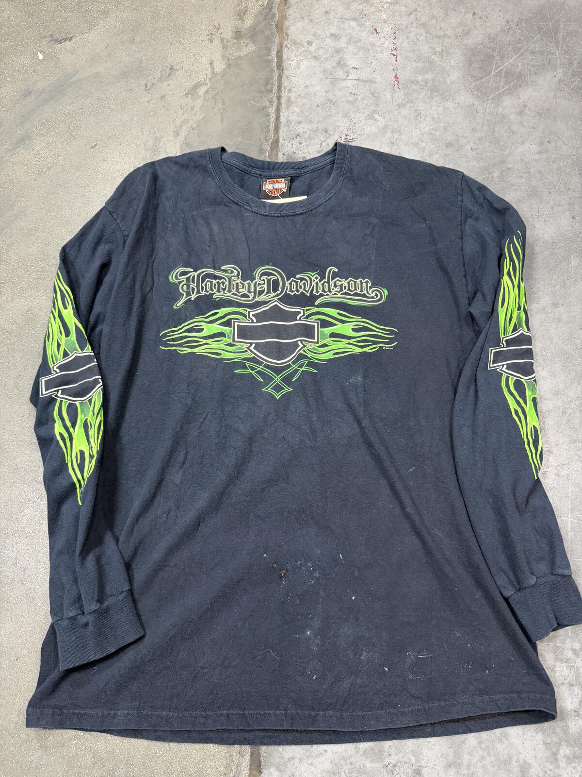 Harley Davidson Long Sleeve Green Flames 00s Vintage Shirt