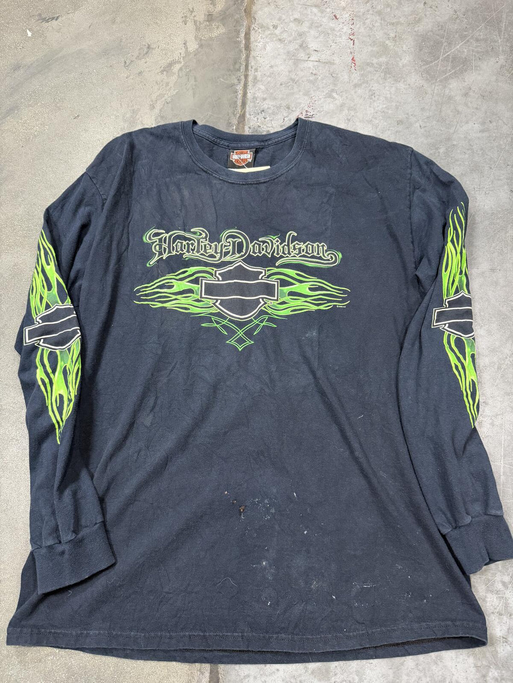 Harley Davidson Long Sleeve Green Flames 00s Vintage Shirt