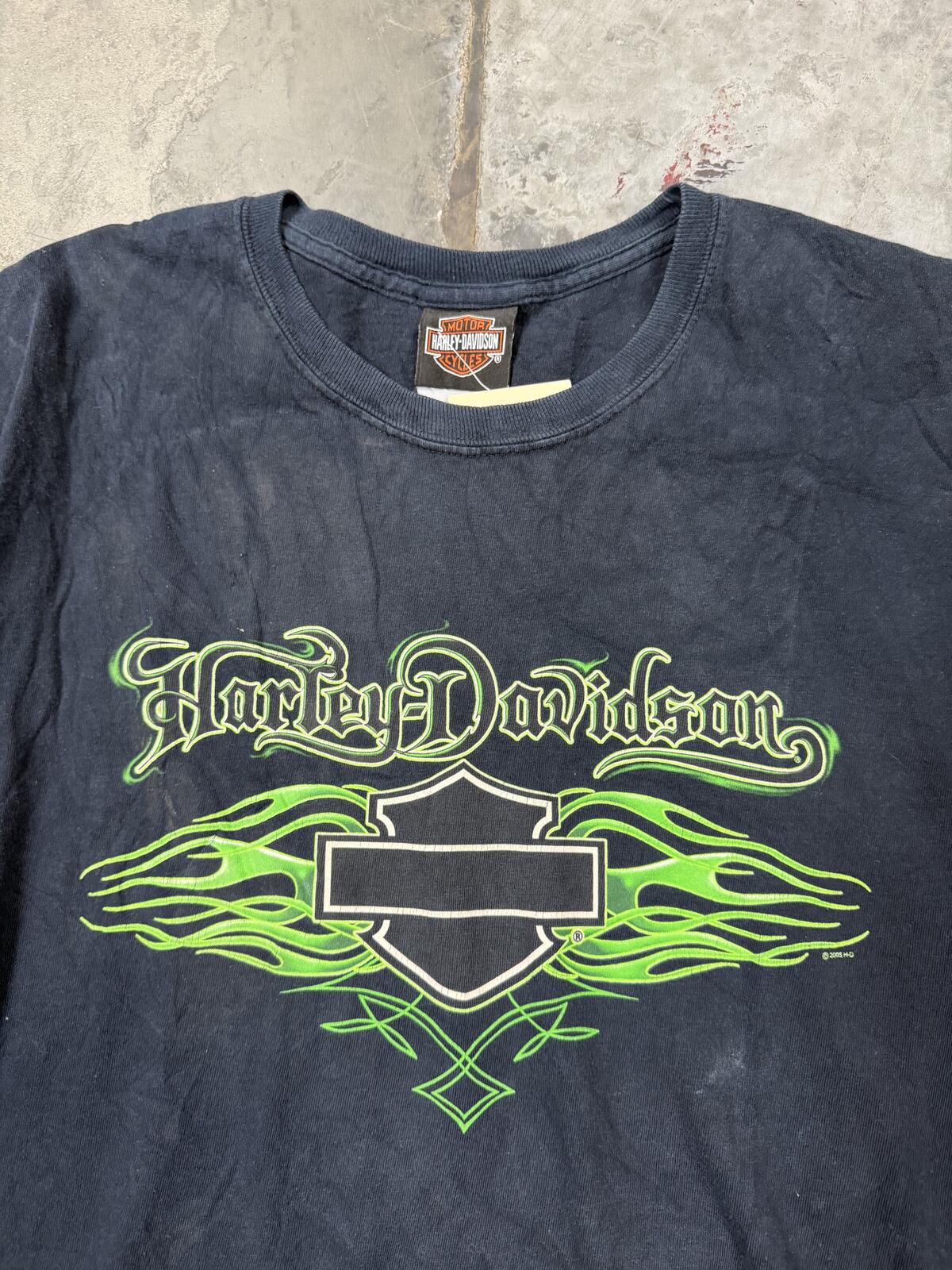 Harley Davidson Long Sleeve Green Flames 00s Vintage Shirt