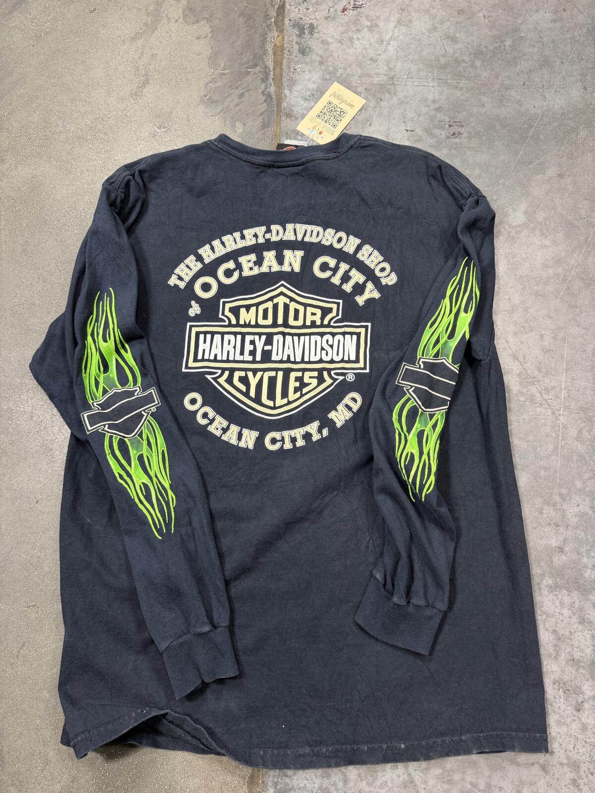 Harley Davidson Long Sleeve Green Flames 00s Vintage Shirt